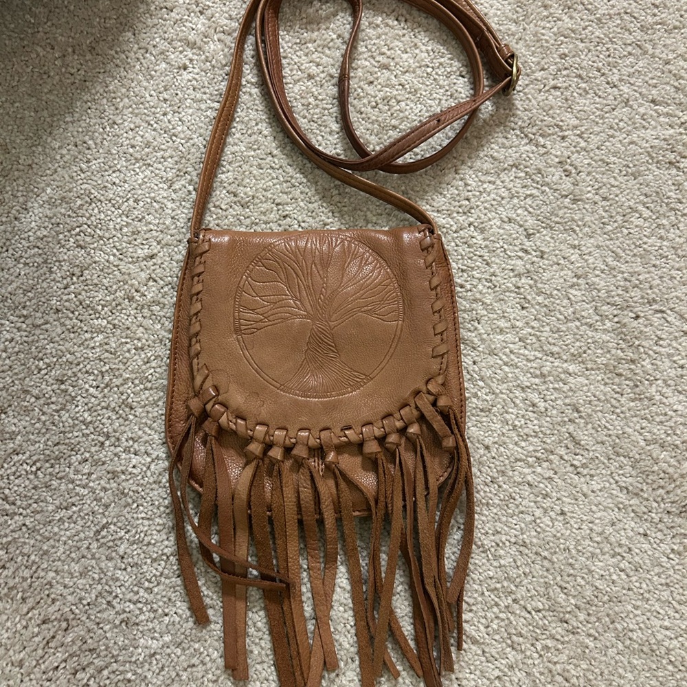 Day & Mood Brown Leather Fringe Tree Crossbody Bag